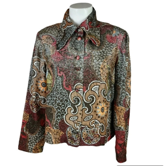 Vintage 1970s Mod Button Front Blouse Swirly Pattern Shimmer Black Brown No Size - Picture 1 of 15